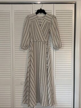 Calvin Klein Beige and White Striped Wrap Maxi Dress